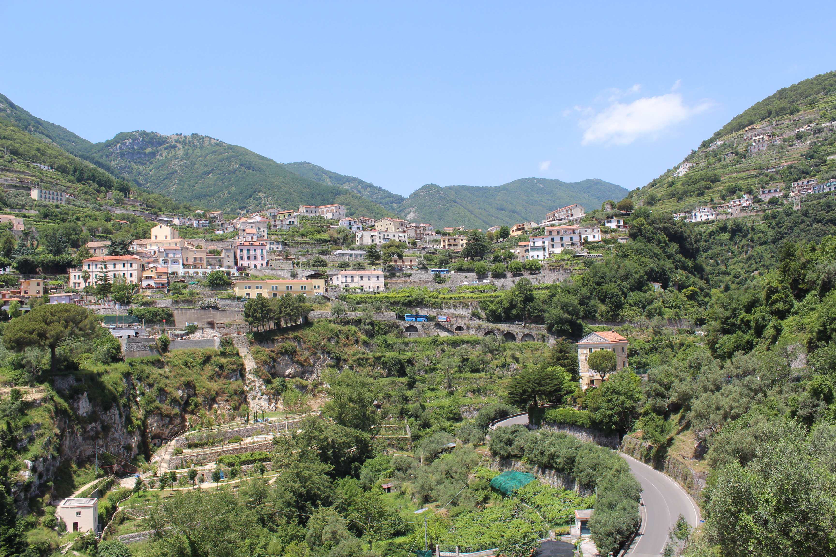 Aerial view of Ravello and surrounding Amalfi Coast landscape with terraced gardens