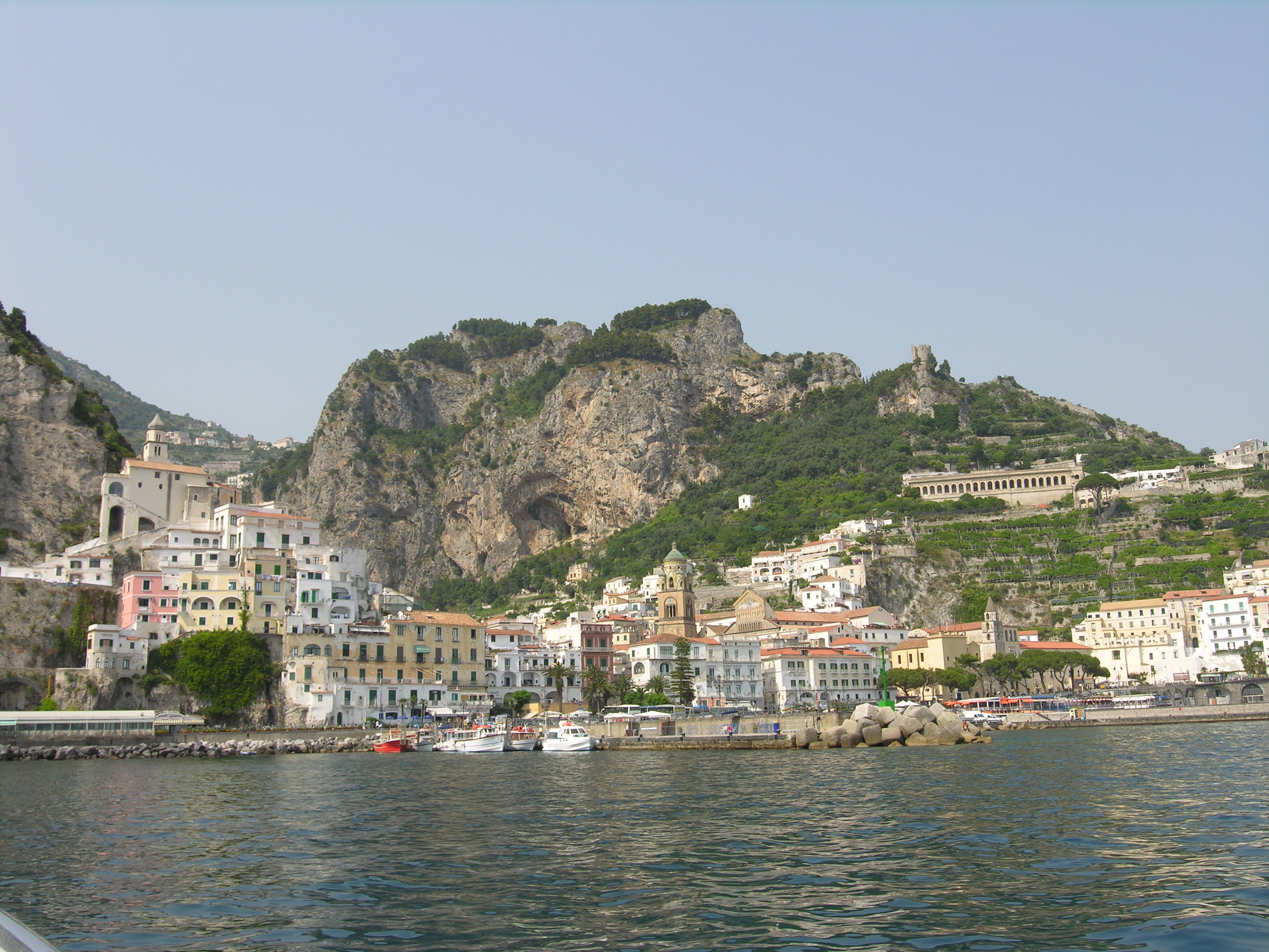 Panoramic view of Amalfi waterfront and marina from elevated position