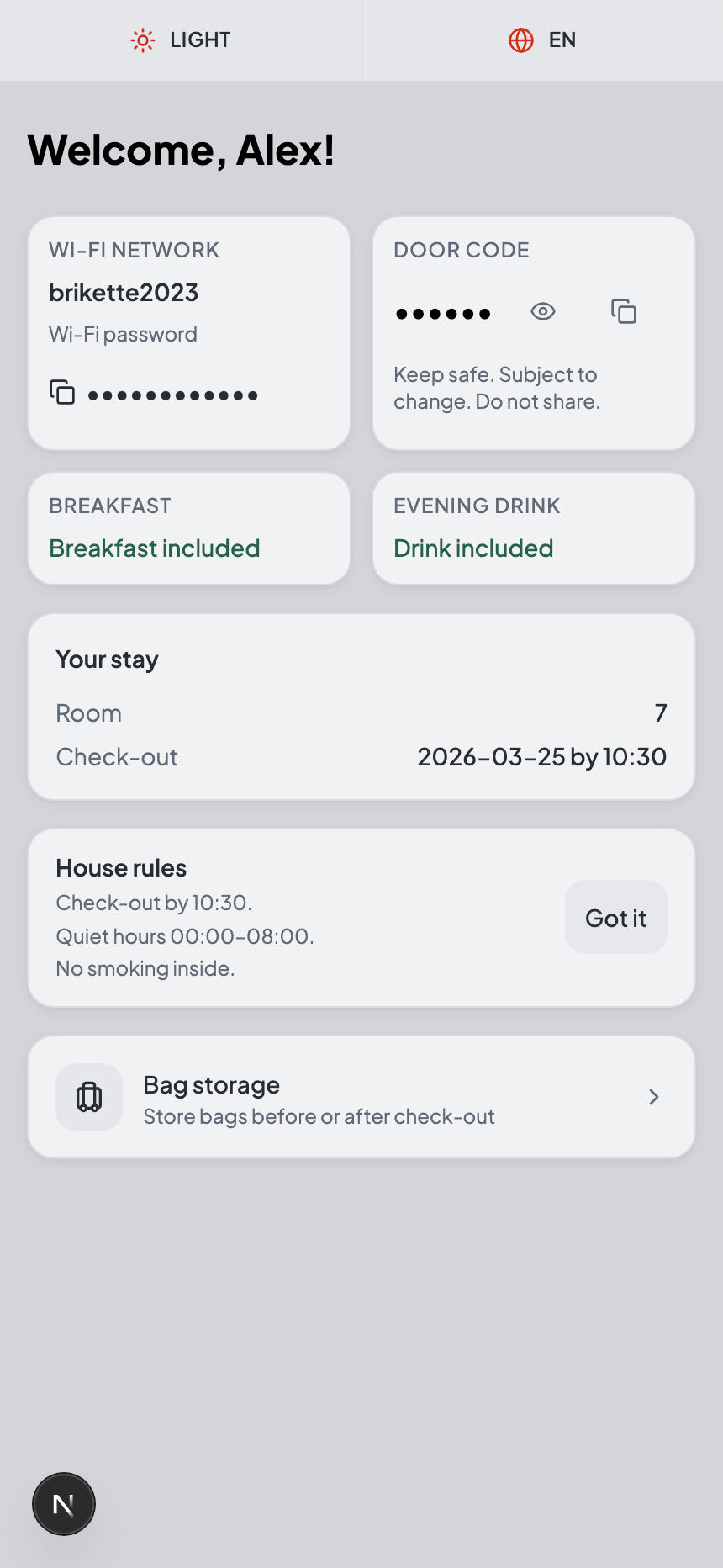 Stay home screen showing Wi-Fi, door code, breakfast and room details.