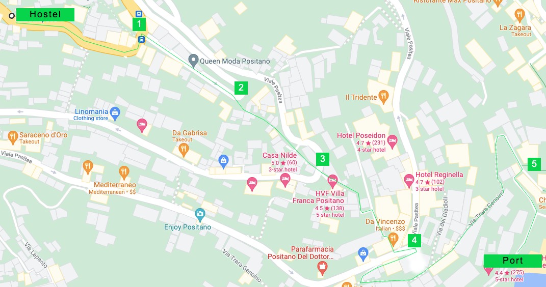 Map overview of the walking route from Hostel Brikette to Positano's port