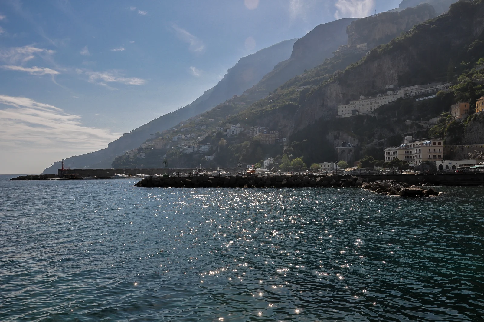 View of the Amalfi Coast cliffs and sea on a clear day