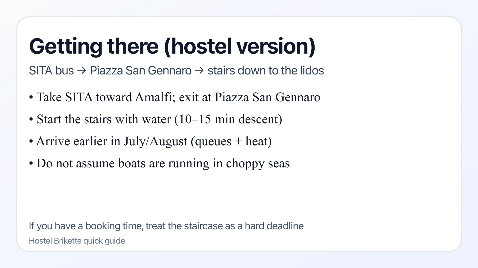 Infographic with steps for getting to Gavitella Beach from the SITA bus stop in Praiano