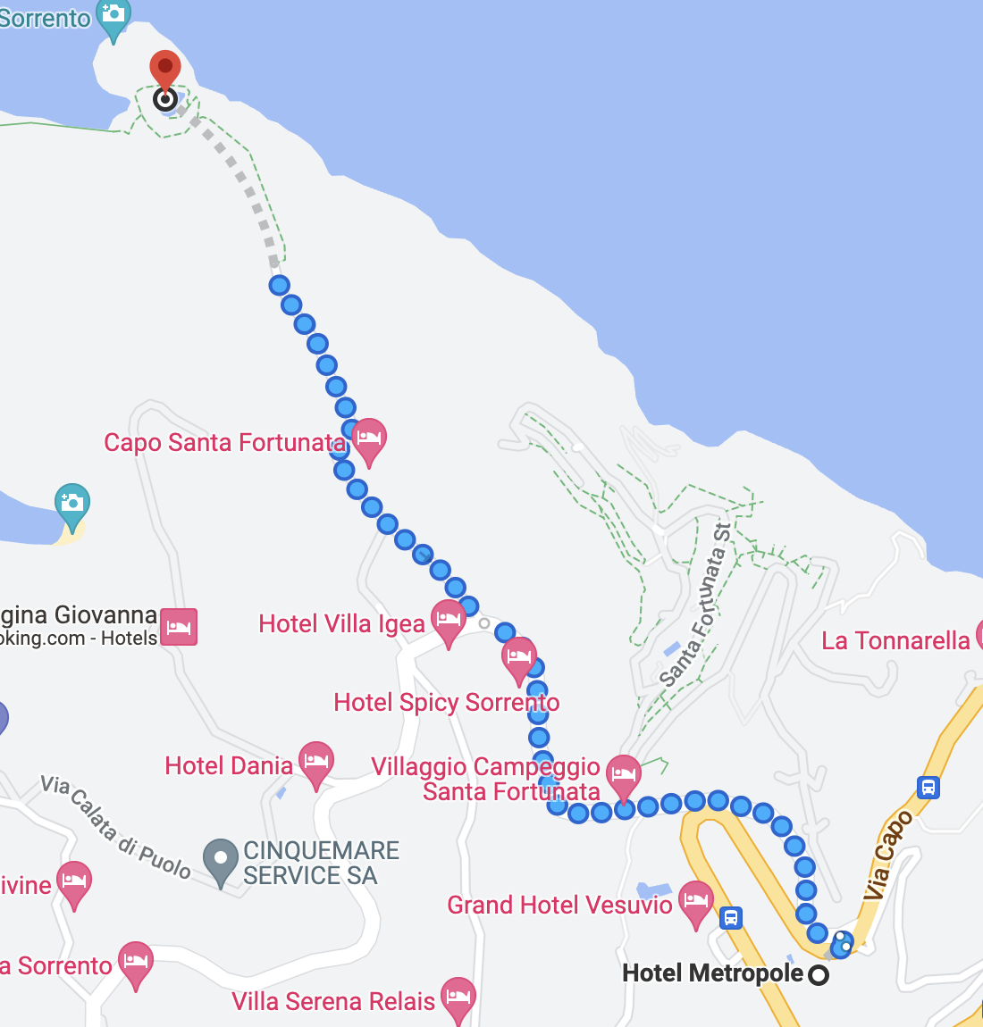 Map screenshot showing the walking route along Via Capo toward the Bagni della Regina Giovanna area