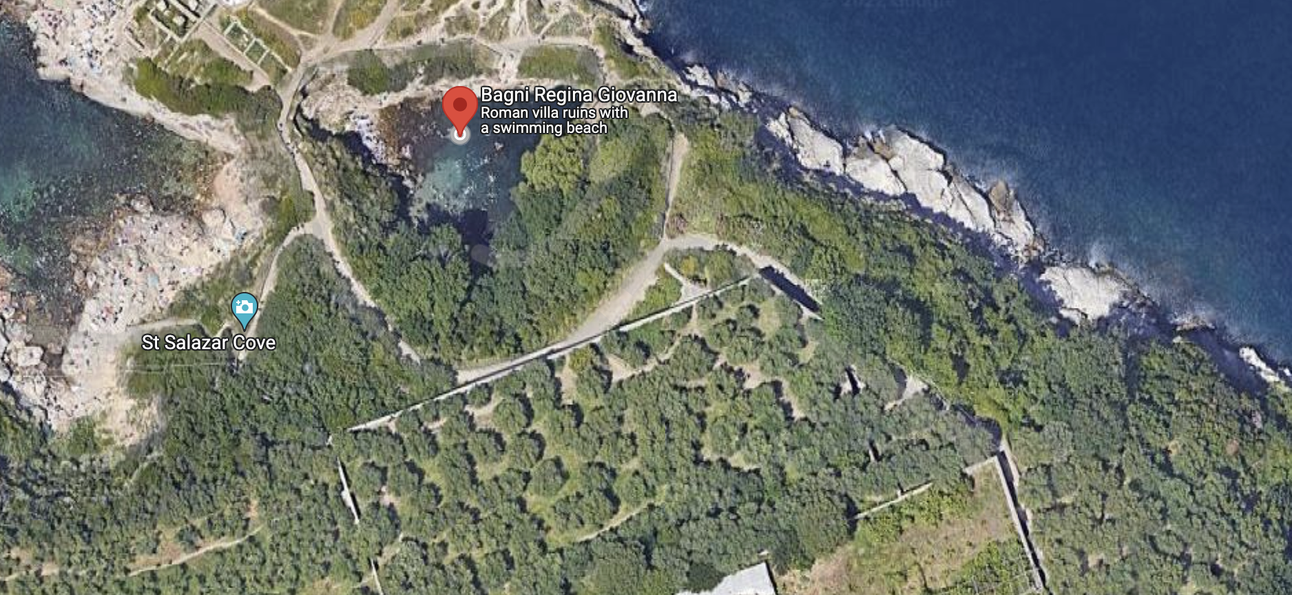 Satellite view of the Bagni Regina Giovanna area and nearby paths above the swimming cove