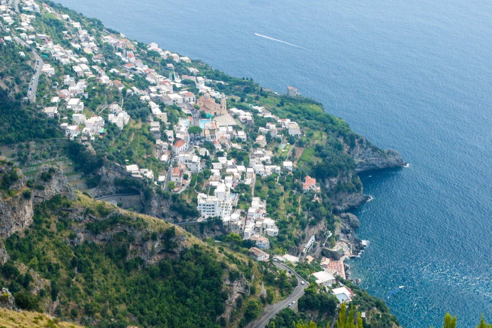 View over Praiano and the Amalfi Coast with the sea stretching into the distance