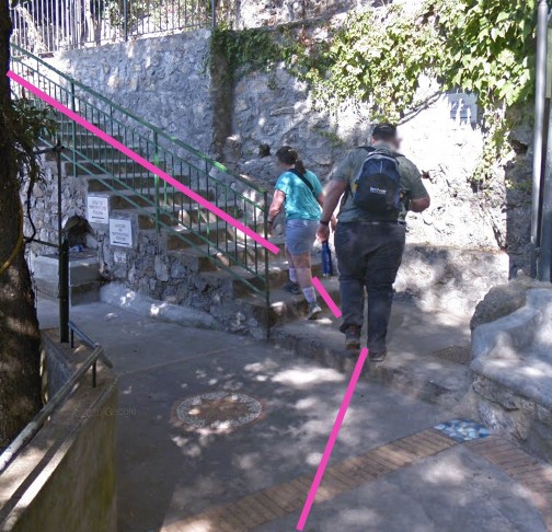Directional signpost in Nocelle showing the stairs-to-Positano option to avoid