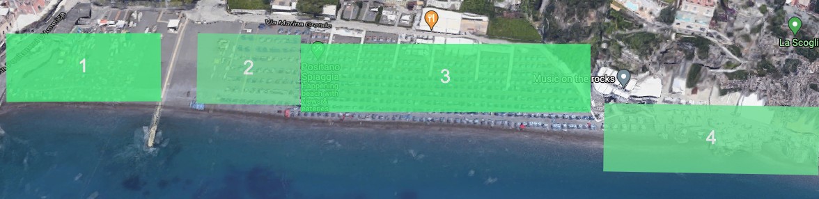 Beach layout map showing the free section, residents' section, L'Incanto, and La Scogliera at Spiaggia Grande