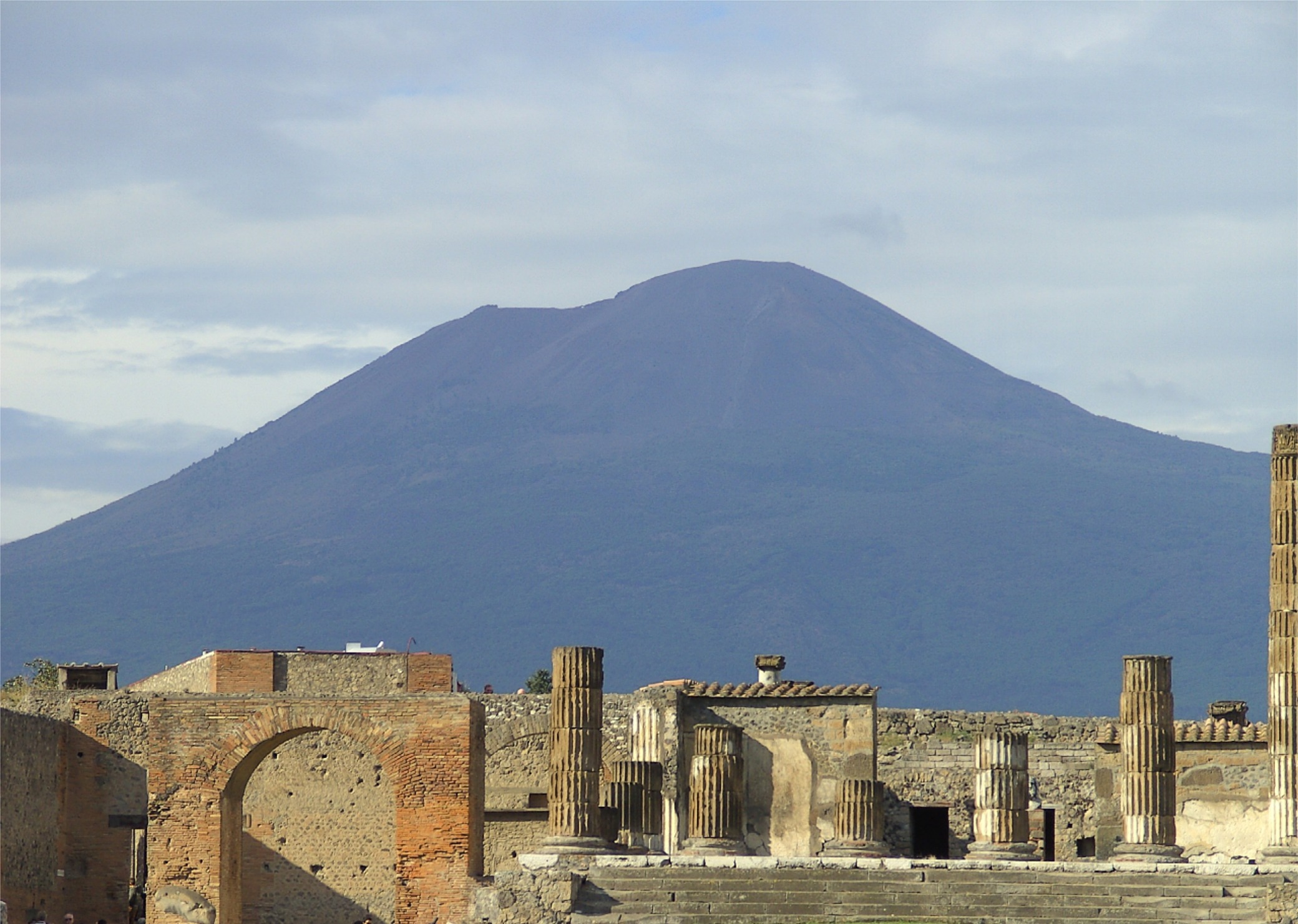 Aerial view of Pompeii archaeological site with Mount Vesuvius