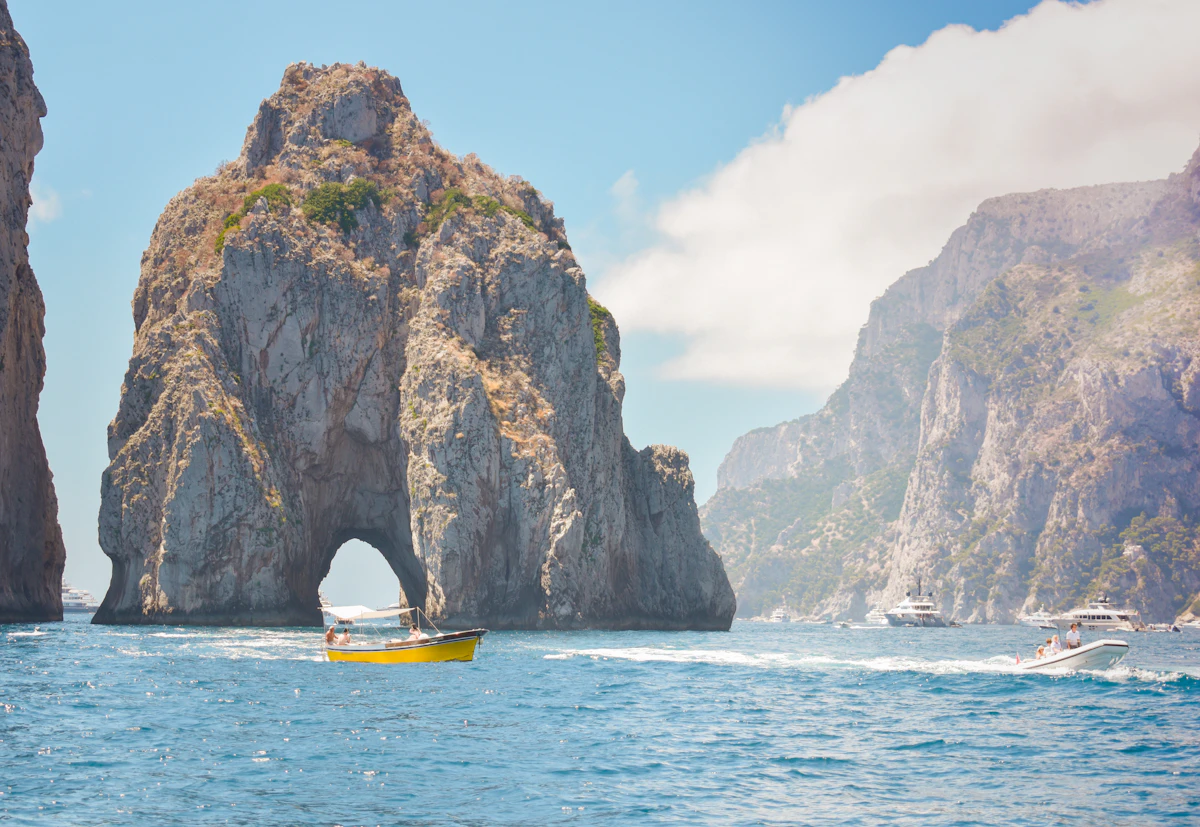 View of Capri island from a public ferry on the Tyrrhenian Sea.