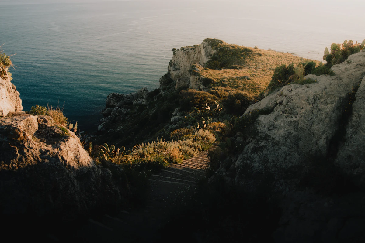 Hiker on the Path of the Gods trail above the Amalfi Coast