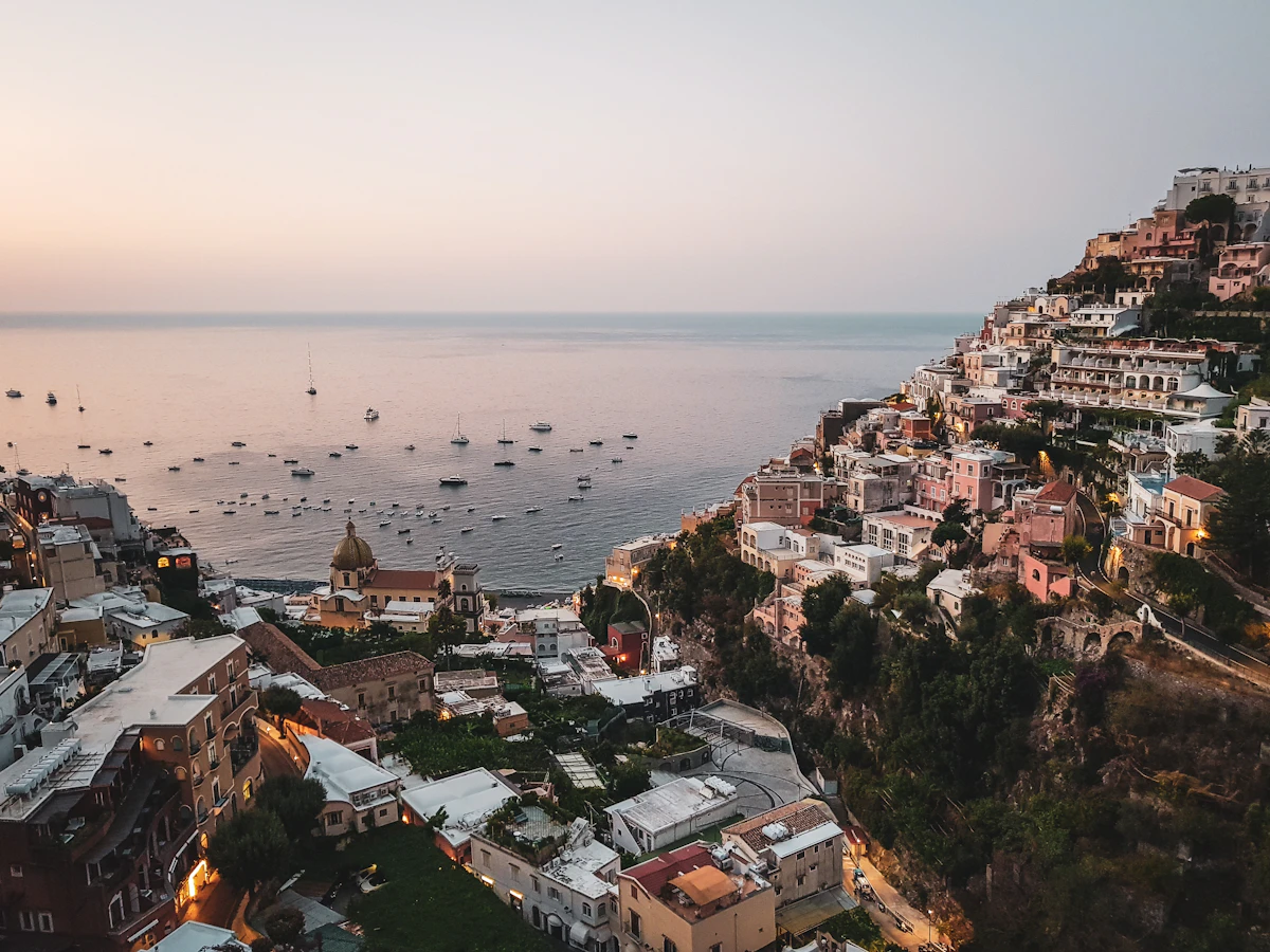 Wide view of Positano cascading down the cliff to the sea